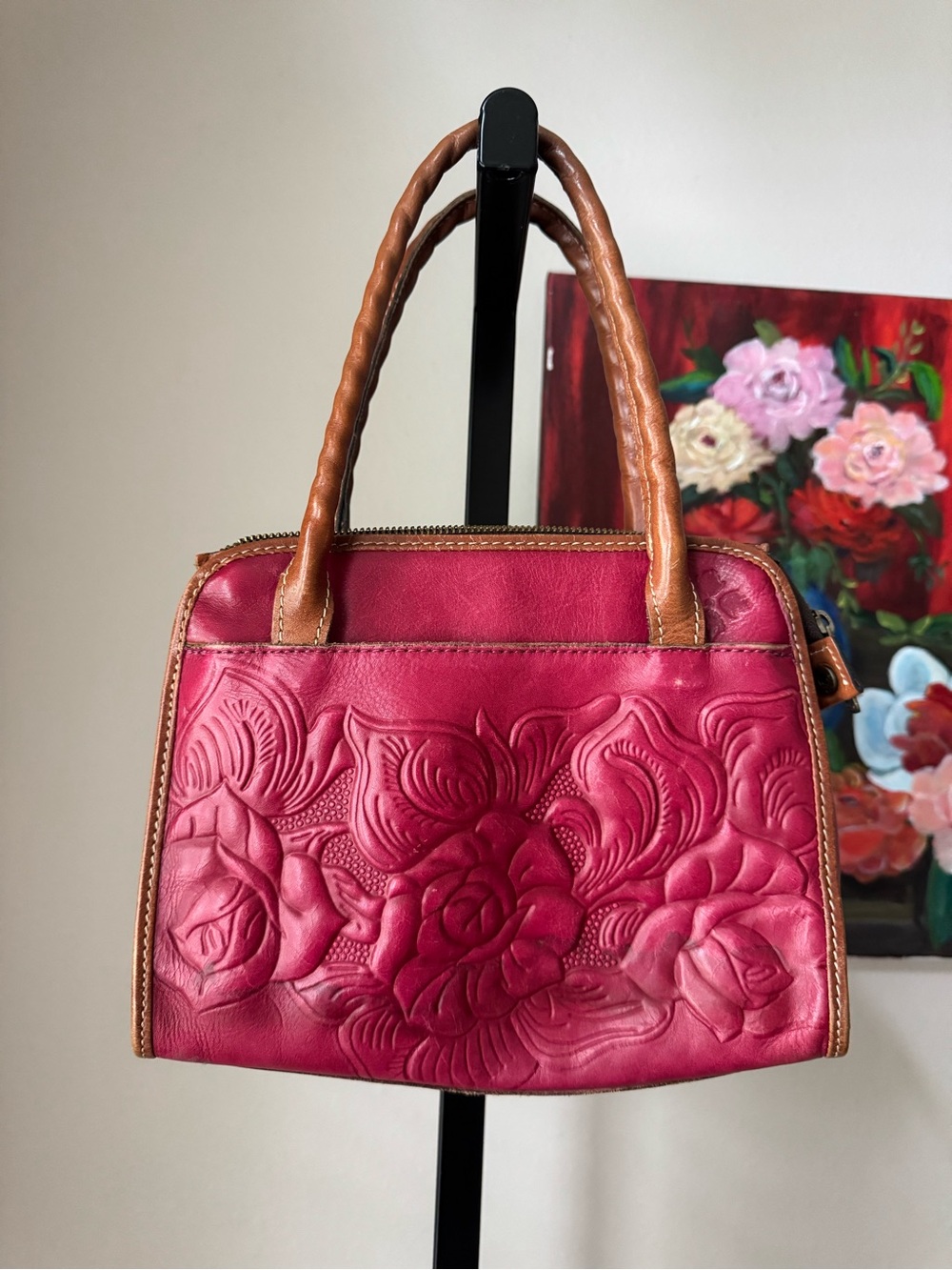 Patricia Nash Women's Embossed Floral Satchel Handbag in red - flawed